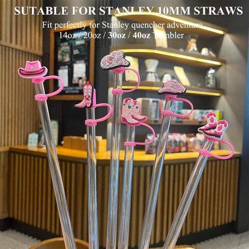 Amreich Cowboy Hat Straw Topper Cowgirl Boots Straw Cover Compatible with Stanley 30 40 Oz Tumbler, 6 PCs Pink Silicone Accessories Cute Western Girl Women Gifts