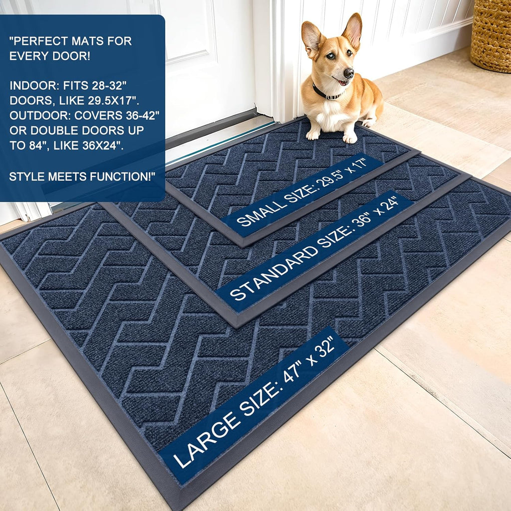 OLANLY Waterproof Front Door Mat | All-Season Herringbone Design | Easy Clean Natural Rubber | 29.5"x17" (Blue)