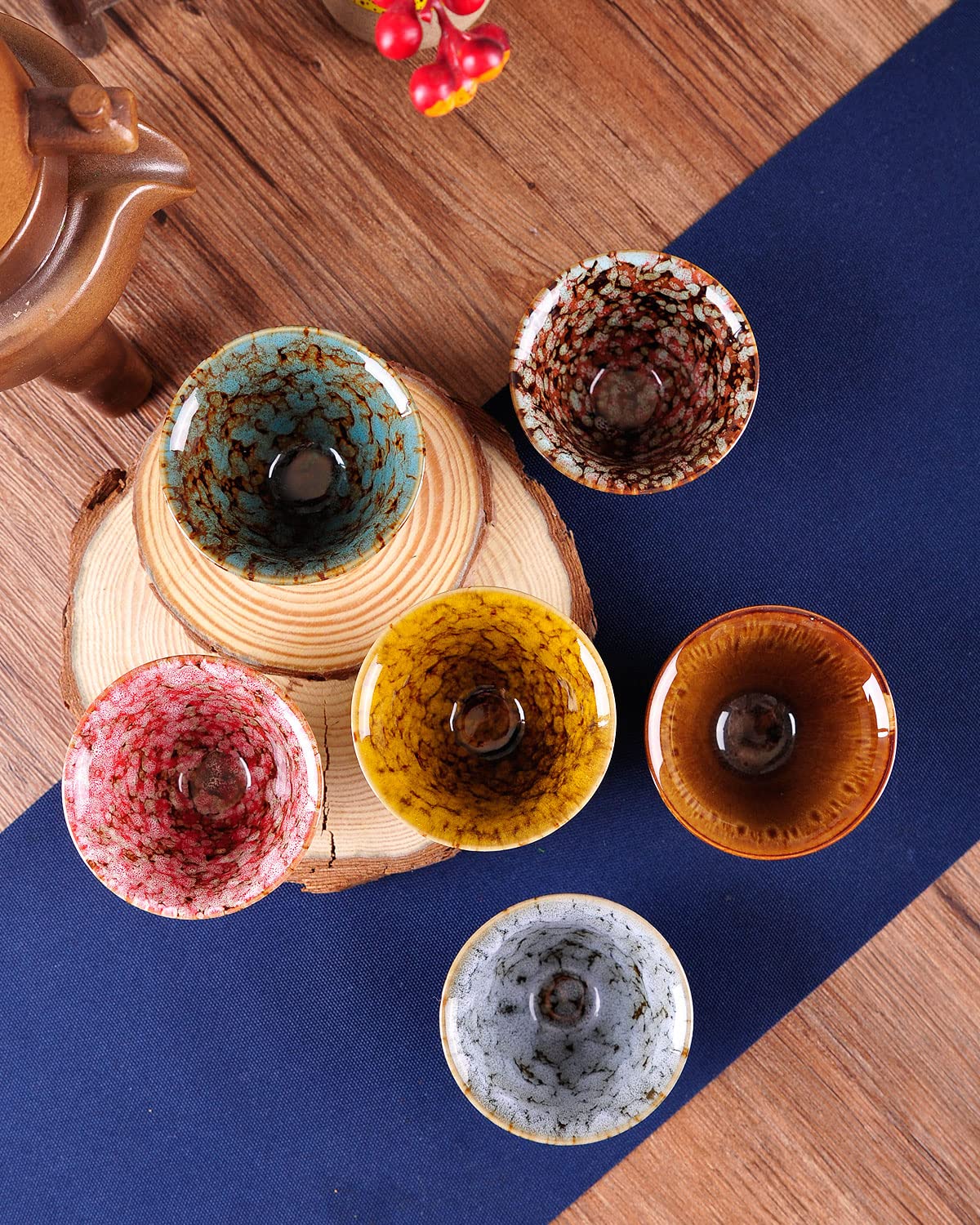 WHJY Ceramic, Japanese Sake Cups, Traditional Chinese Kung Fu Tea cups set Kiln Change Glazed. set of 6, 60ml/2oz