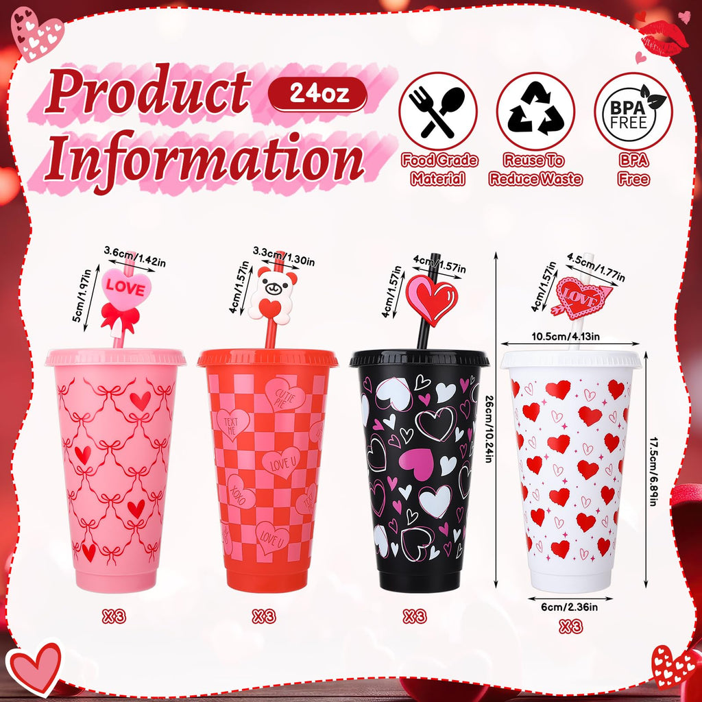 Ovveroche 12 Pcs Valentine's Day Plastic Cups with Lids and Straws and Straw Caps 24 oz Reusable Cups Travel Mug Bulk for Valentine's Day Birthday Wedding Anniversary Party Favors