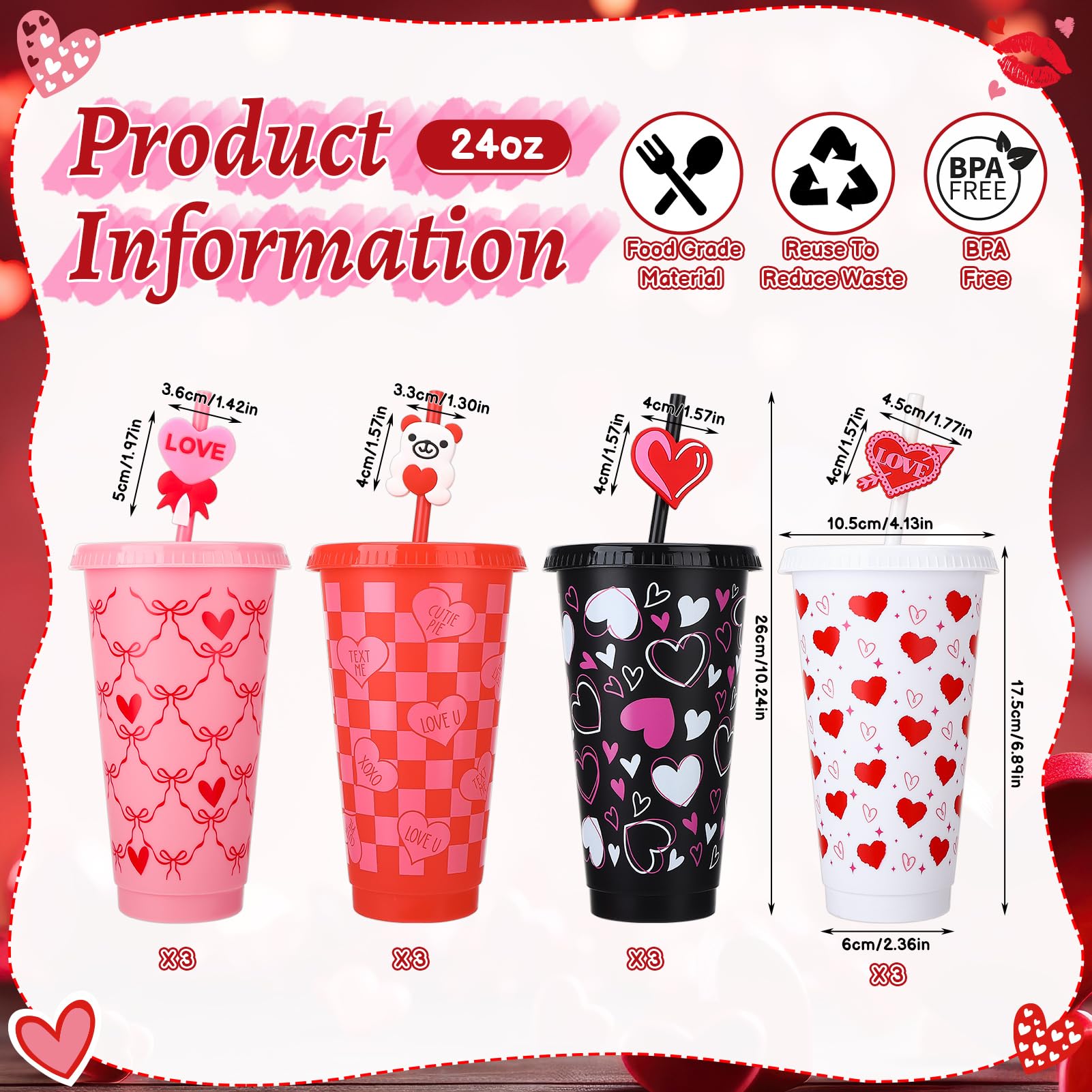 Ovveroche 12 Pcs Valentine's Day Plastic Cups with Lids and Straws and Straw Caps 24 oz Reusable Cups Travel Mug Bulk for Valentine's Day Birthday Wedding Anniversary Party Favors