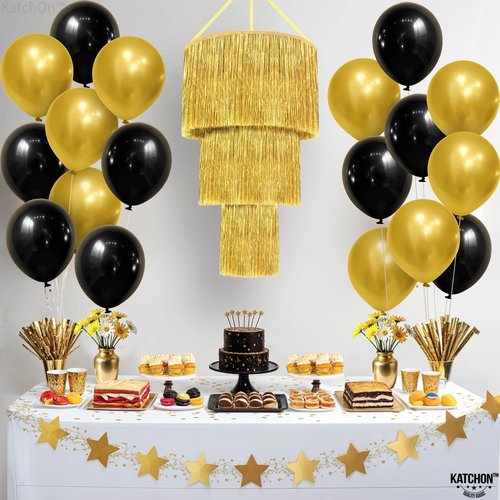 KatchOn, Gold Tinsel Chandelier Party Decor - 20 Inch | Gold Chandelier for New Years Eve Ceiling Decorations | New Years Decorations 2026, Gold Party Decoration, New Years Eve Party Supplies 2026