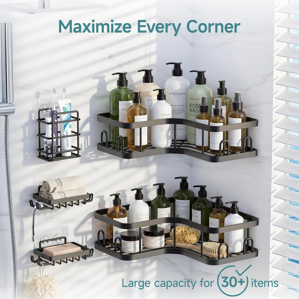 Veken Corner Shower Caddy - Rustproof Adhesive Shelves with Soap Holder | 5-Pack Large Capacity Organizers in Black