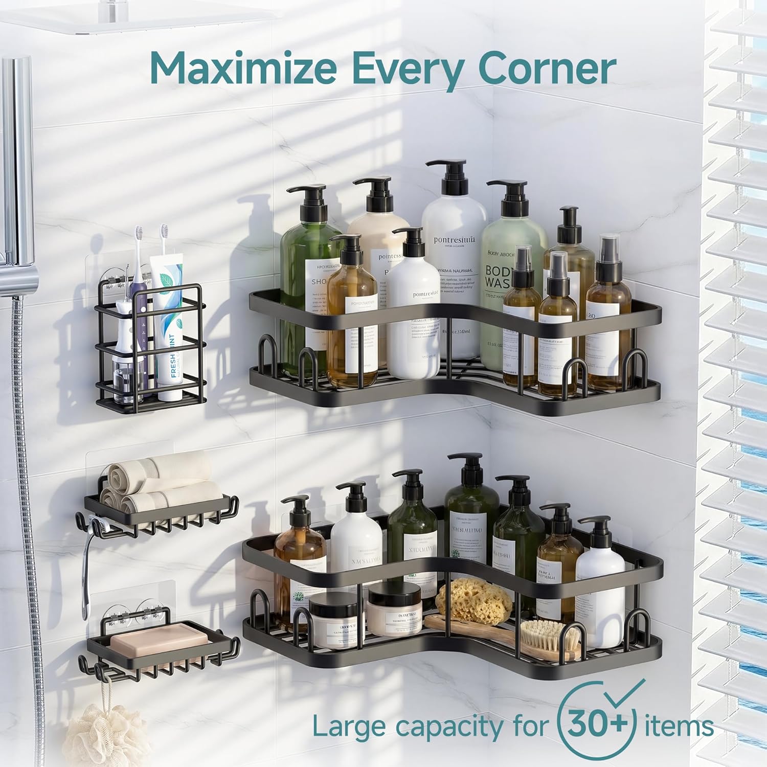 Veken Corner Shower Caddy - Rustproof Adhesive Shelves with Soap Holder | 5-Pack Large Capacity Organizers in Black