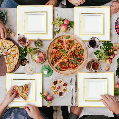 Goodluck 352 Pieces Gold Dinnerware Set for 50 Guests, Thanksgiving Square Plastic Plates with Gold Trim, Include: 100 Plastic Plates, 50 Rolled Napkins, 50 Cups, 50 Cutlery Set and 2 Tablecloth