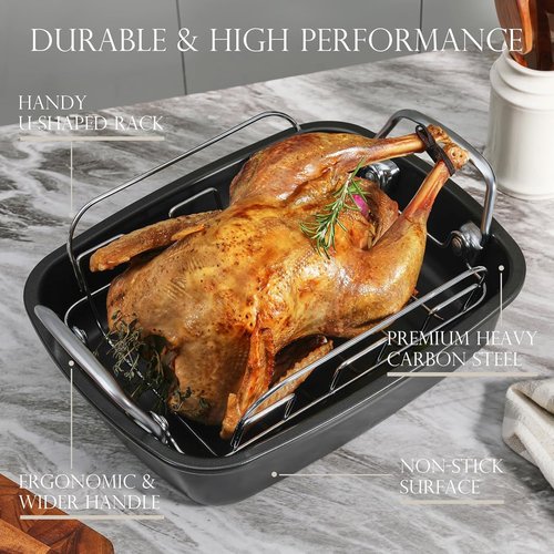 KITESSENSU Nonstick Turkey Roasting Pan - Heavy Duty 17 x 14 Inch Chicken Roaster with Rack - Ideal for 24lb Turkey, Gray