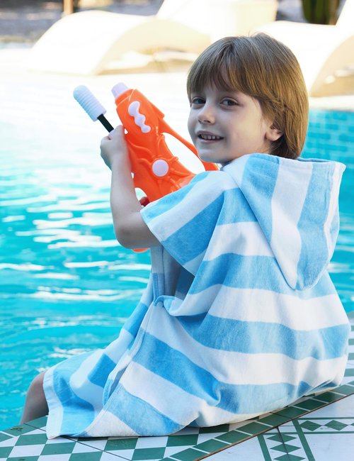 TBEZY Toddler Bath Towel Poncho Thick Cotton Striped Beach Towels for Kids Gifts (2-6, Blue)