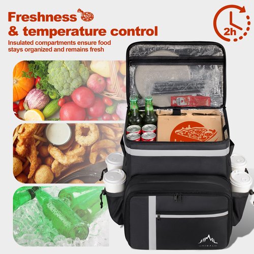 GoHimal Food Delivery Backpack, Insulated Food Delivery Bags for Takeout Bike, Large Pizza Takeout Bag for HOT/COLD with 4 Pockets Reflective Perfect for Uber Eats, Camping & Beach
