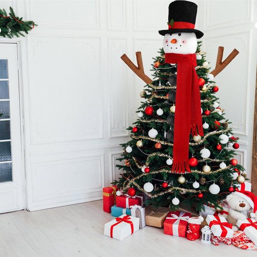 Syhood Snowman Christmas Tree Topper Large Holiday Funny Plush Stuffed Hanging Ornaments with Arms, Legs, Belt, Scarf for Christmas Tree Decorations Wine Bottle Curtain Xmas Home Decor