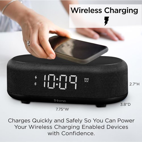 iHome Bluetooth Alarm Clock with Wireless Charger and USB Charging Station, Digital Alarm Clock for Bedrooms, Office, or Dorm (iBTW112)