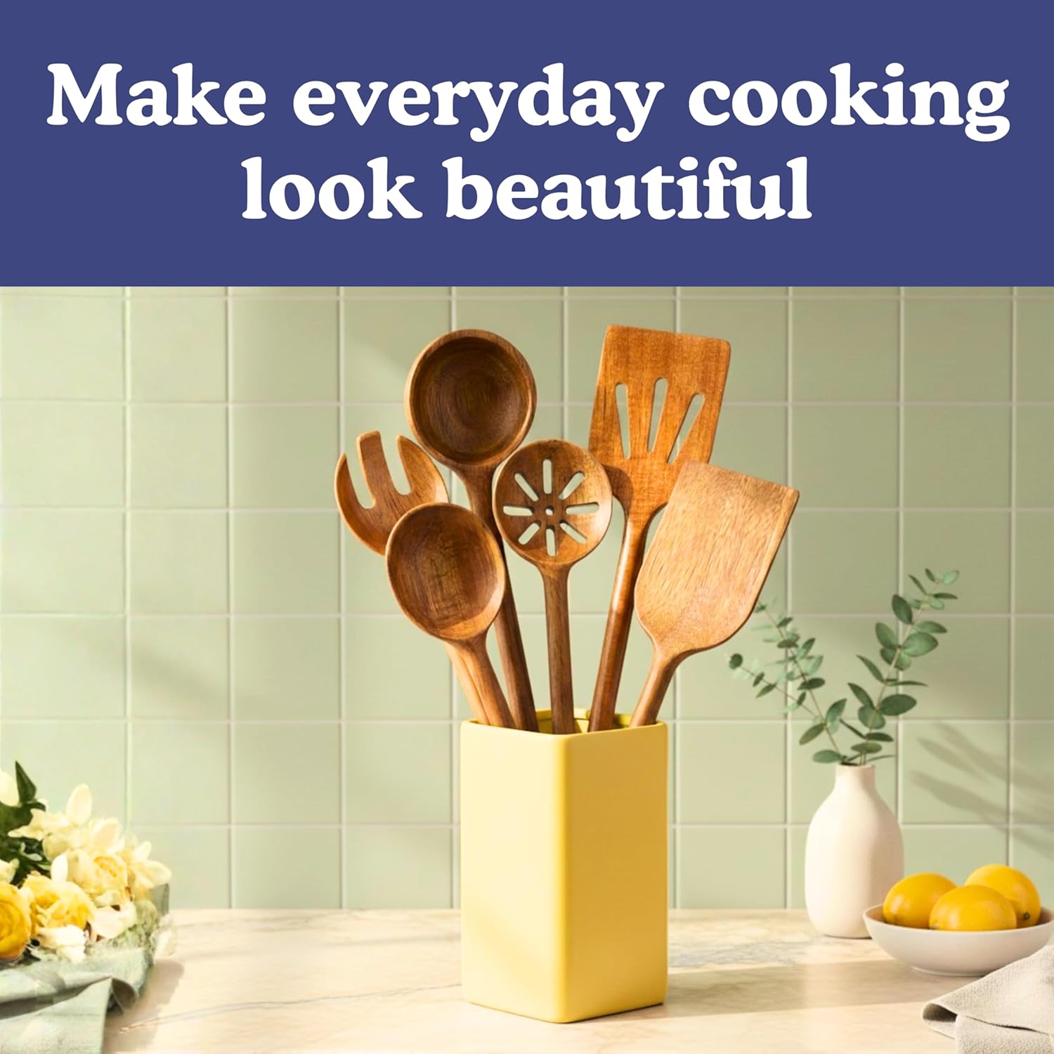 Non-Toxic Cooking Utensils | 6-Piece Wooden Utensil Set - Glue-Free, Natural Finish, Eco-Friendly
