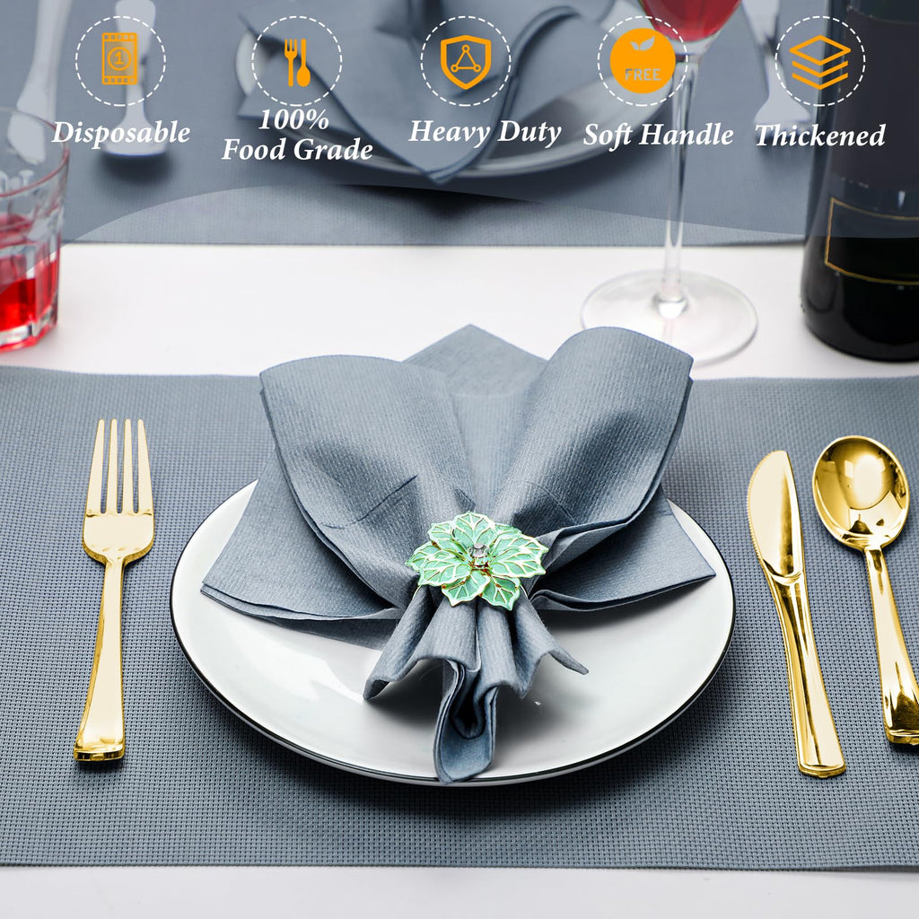 Tioncy 25 Pack Gold Plastic Silverware Set with Napkins, Linen Touch Napkins and Plastic Cutlery Set Gold Disposable Dinnerware with Forks Spoons Knives(Champagne)