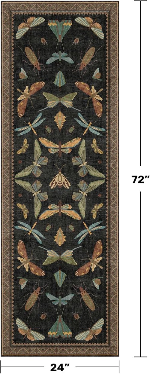 Nature Insect Fantasy | 2x6 Black Entryway Runner Rug - Washable, Non-Slip, Ultra Soft & Stain Resistant
