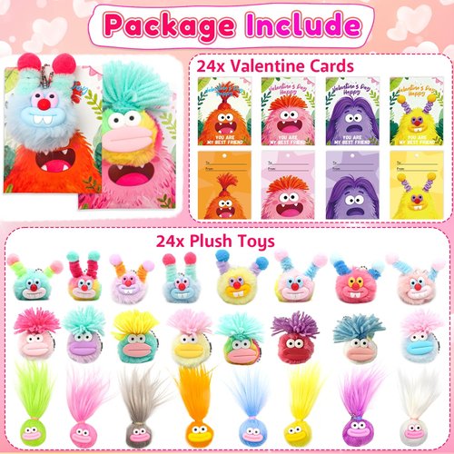 LUBUYILD 24 Pack Valentines Day Gifts for Kids - Plush Keychains Bulk with Valentines Cards for Girls Boys, Cute Mini Animal Stuffed Toys for Class Classroom Exchange and School Party Favors