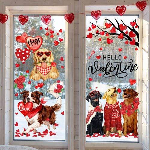 JarThenaAMCS Valentine's Day Window Clings Window Stickers Love Heart Dog Double-Sided Glass Decals for Wedding Anniversary Home Office Classroom Party Wall Decor, 9 Sheets