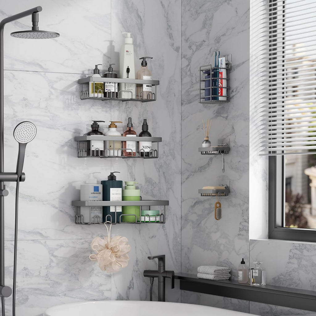 Veken Shower Caddy - 6-Pack Rustproof Waterproof Adhesive Shelves | Large Capacity Bathroom Organizers - Light Grey