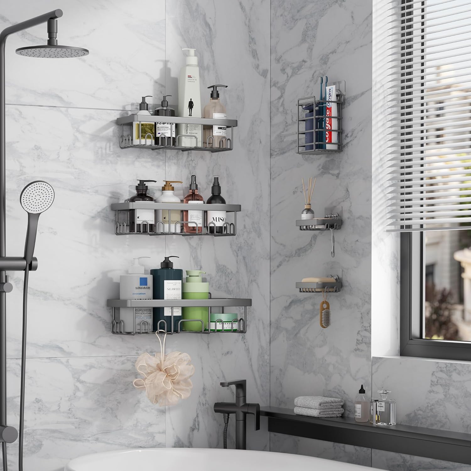 Veken Shower Caddy - 6-Pack Rustproof Waterproof Adhesive Shelves | Large Capacity Bathroom Organizers - Light Grey