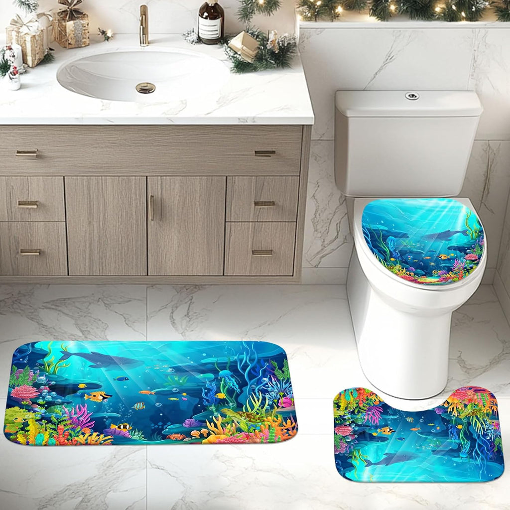 Skiennix 4-Piece Ocean Shower Curtain Set - Tropical Underwater Kids Decor with Non-Slip Bath Rugs & Toilet Lid Cover