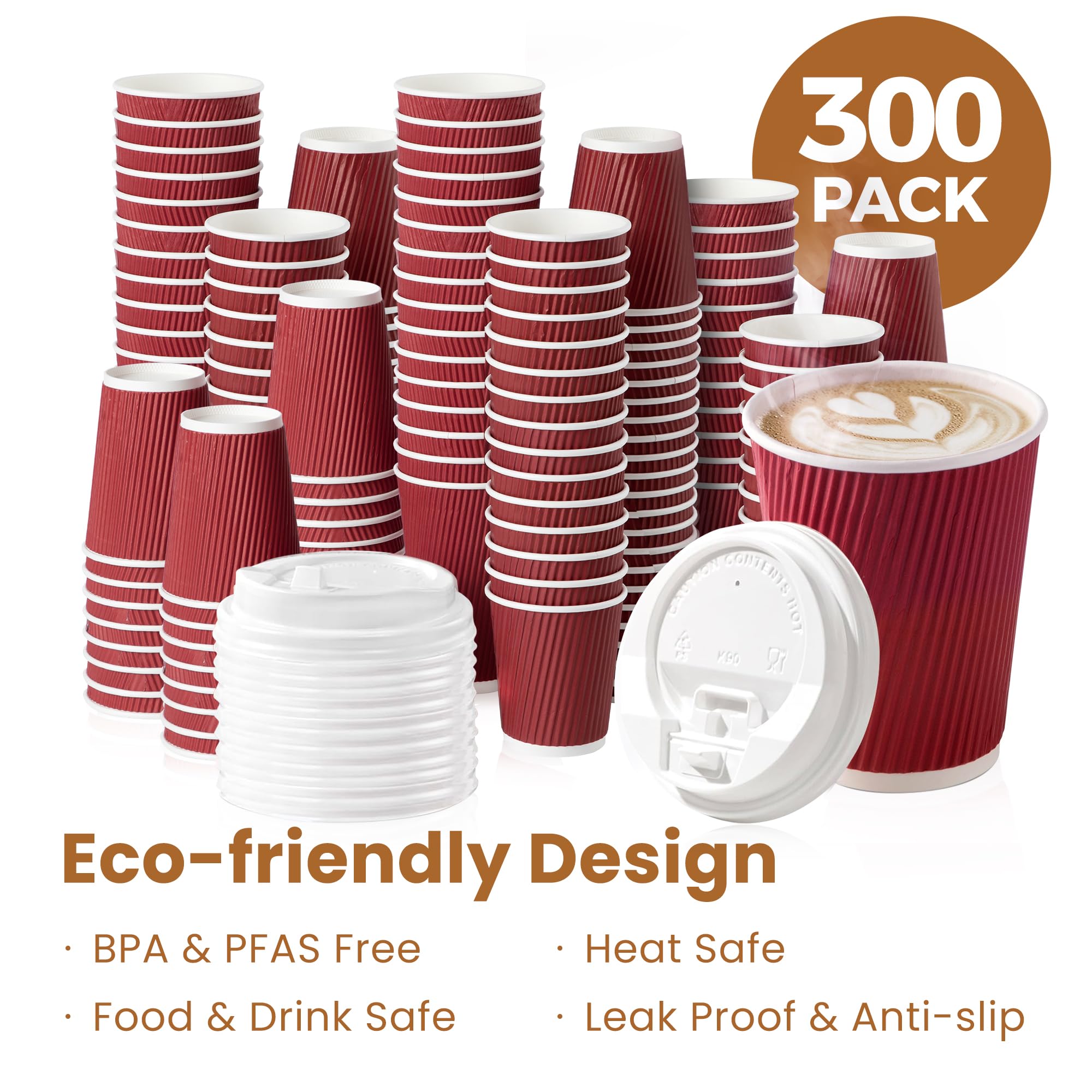Fit Meal Prep 50 Pack 12 oz Red Disposable To Go Coffee Cups with White Lids - Triple Wall Corrugated Paper Cups for Hot Drinks, Parties & Holidays