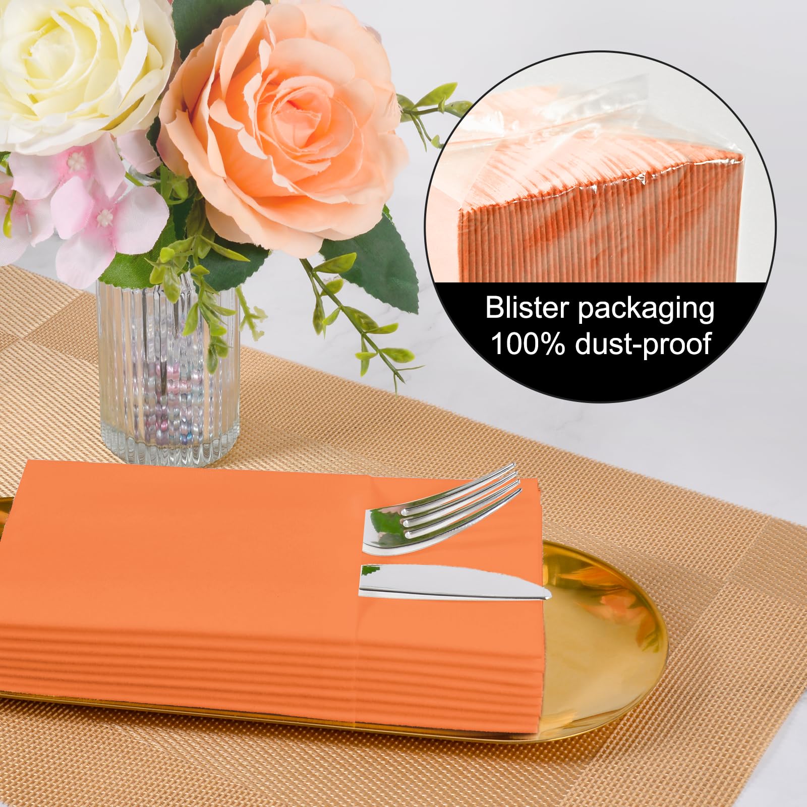 Orange Dinner Napkins Disposable - 50Pack Linen-Feel Paper Napkins with Built-in Flatware Pocket, Prefolded Cloth Like Paper Napkins Bulk For Dinner, Wedding, Party or Everyday Use(Orange)