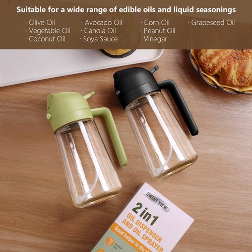 SWEET VIEW 2PCS Olive Oil Sprayer for Cooking, 470ml 2 In 1 Glass Oil Sprayr & Pour for Kitchen, Air Fryer, Cooking, Salad, BBQ (Black,Green)