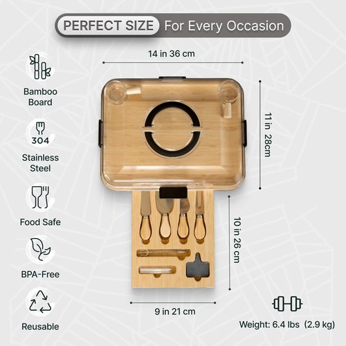 HULLIARD Charcuterie Board Set with Handless Lid – Bamboo Cheese Board with Sliding Drawer, 4 Stainless Steel Cheese Knives, 4 Forks, 2 Glass Bowls, Gift Bag – Perfect for Gift