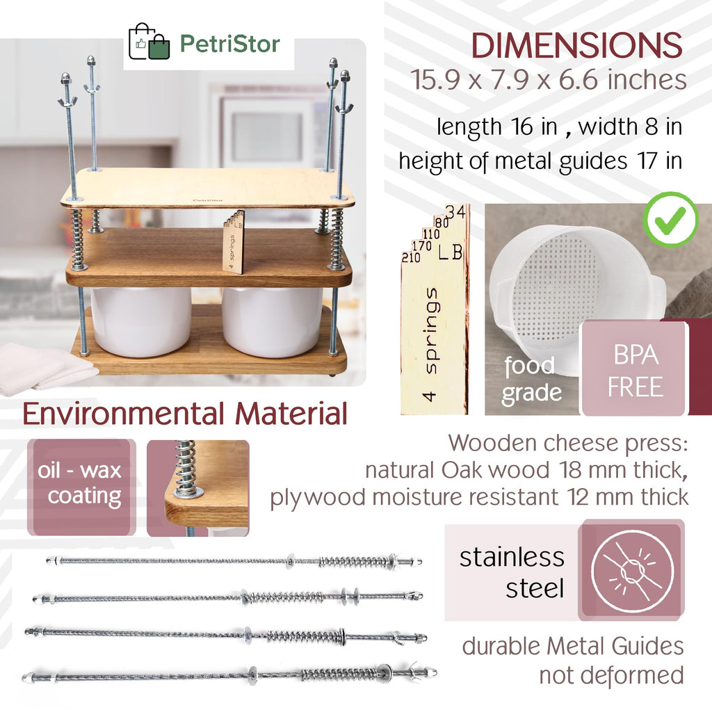 Wooden Cheese Press For Cheese Making 16 In Natural Oak 18 mm Thick - Cheese Making Kit With Wooden Cheese Press and 2 Cheese Molds 1/2 Gal, Cheesecloth, Springs and Measuring Scale Included