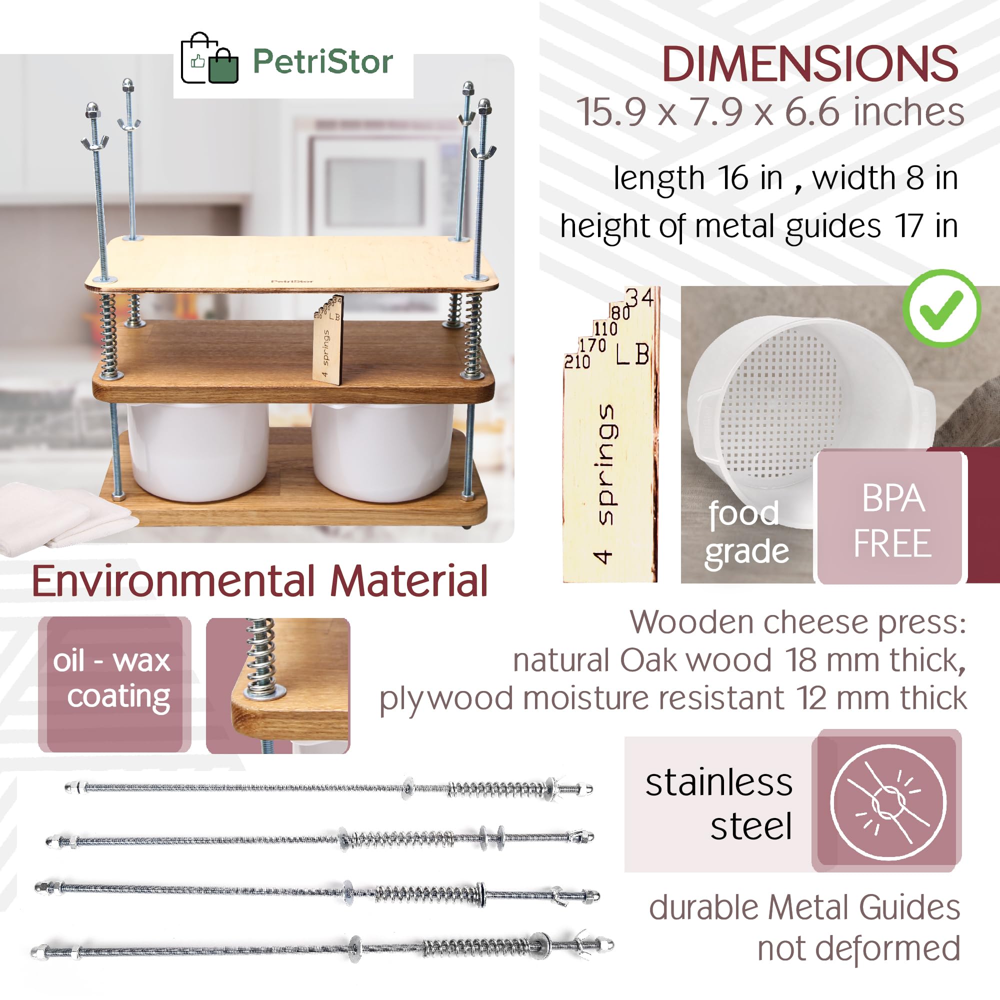 Wooden Cheese Press For Cheese Making 16 In Natural Oak 18 mm Thick - Cheese Making Kit With Wooden Cheese Press and 2 Cheese Molds 1/2 Gal, Cheesecloth, Springs and Measuring Scale Included