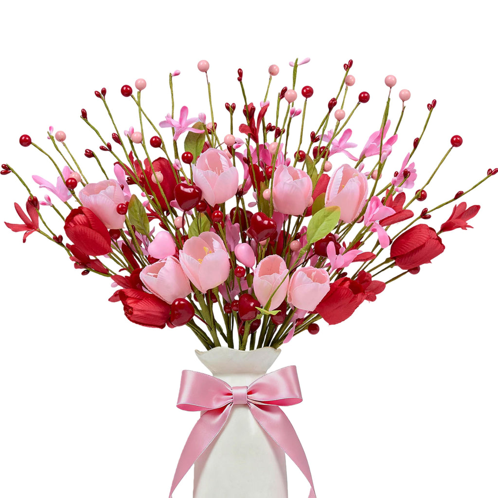 WSTPUPU Valentine's Day Gifts 12 Pack Artifcial Valentine Decorations 17 Inch Valentines Day Pink Picks with Red Tulip Pink Love Heart Berries for Valentine Wedding Anniversary Party Decor
