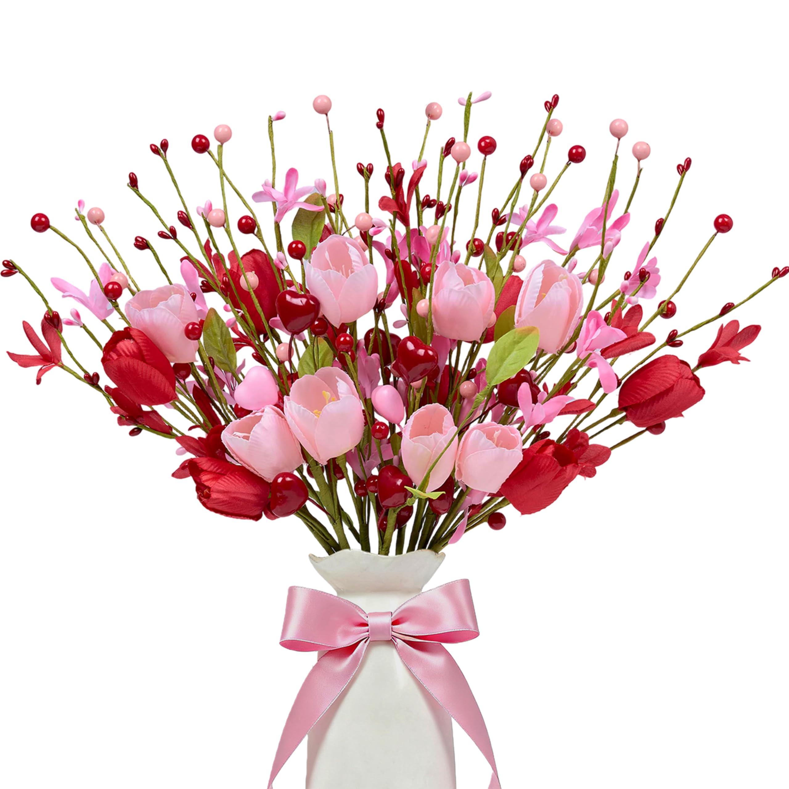 WSTPUPU Valentine's Day Gifts 12 Pack Artifcial Valentine Decorations 17 Inch Valentines Day Pink Picks with Red Tulip Pink Love Heart Berries for Valentine Wedding Anniversary Party Decor