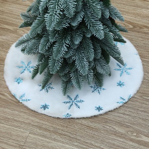 TWSANTAMAS Mini Christmas Tree Skirt 18 Inch, Soft White Plush with Blue Glitter Snowflakes, Festive Xmas Ornament Mat for Indoor Home Decorations