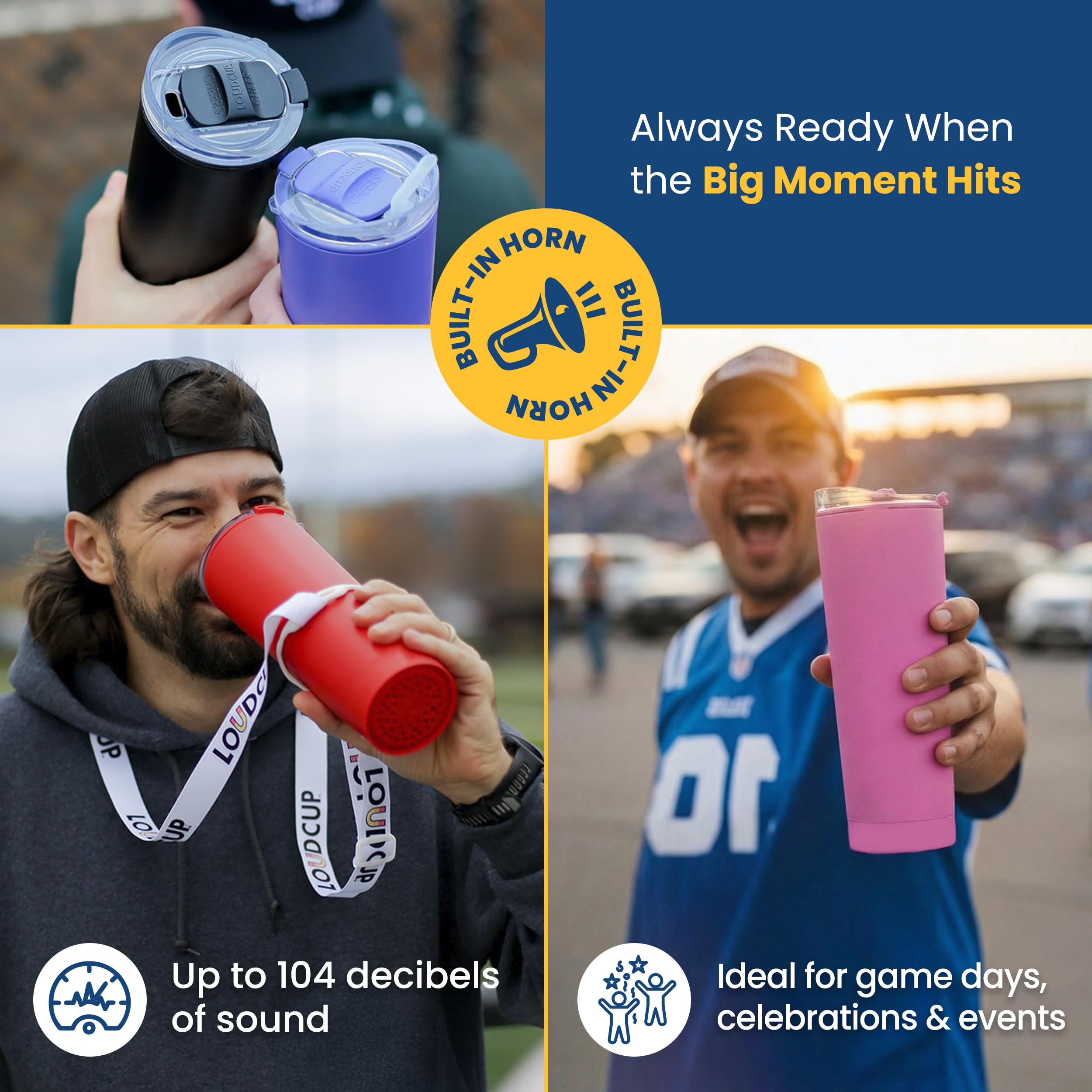 The LoudCup Blow Horn Tumbler, Cheer & Sip 2-in-1 Reusable Water Bottle with Built-In Horn for Sports Games, Tailgates, Parties & Events, BPA-Free, 23 oz, Jet Black