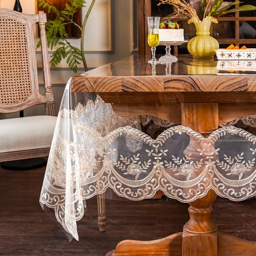 ARTABLE Vinyl PVC Rectangle Tablecloth Waterproof Clear Table Cover with Champagne Lace Macrame Border for Wedding Kitchen Home Outdoor Indoor Holidays Party Decor (Champagne-1, 60 x 104 Inch)