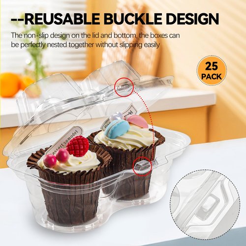 NPLUX 2 Count Cupcake Containers 25 Pack Cupcake Holder with Connected Airtight Lid Cupcake Boxes for 50 Cupcakes Muffins, BPA Free, Standard Size