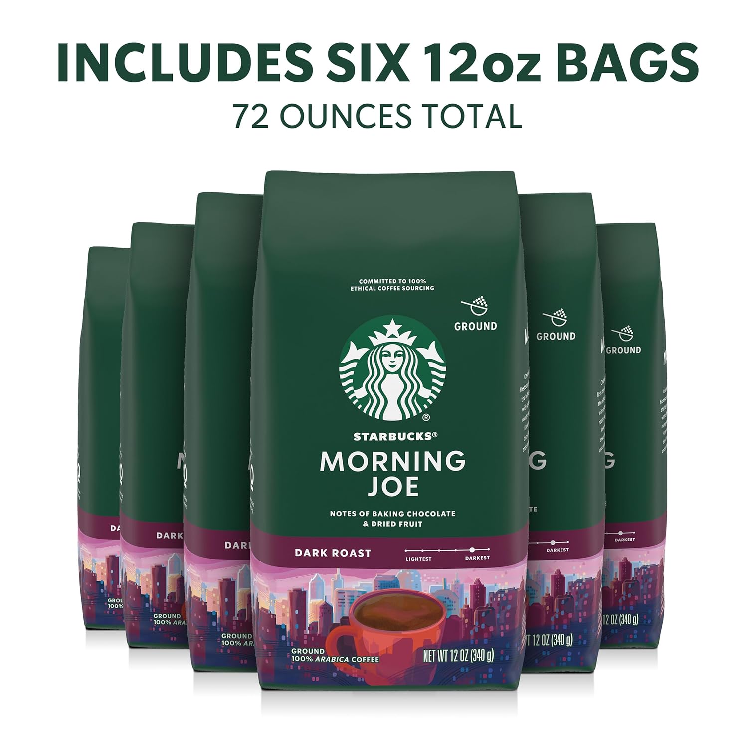 Starbucks Ground Coffee - Dark Roast for Hot or Iced Coffee | Six 12 oz Bags of Morning Joe
