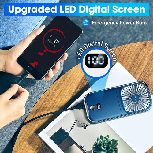 ZEXALIGHT USB Rechargeable Upgraded 5-in-1 Portable Handheld Fan, Necklace Fan, Mini Desk Fan, Foldable Phone Stand, 4 Speeds Airflow, Quiet Personal Fans with LED Digital Screen (Blue)