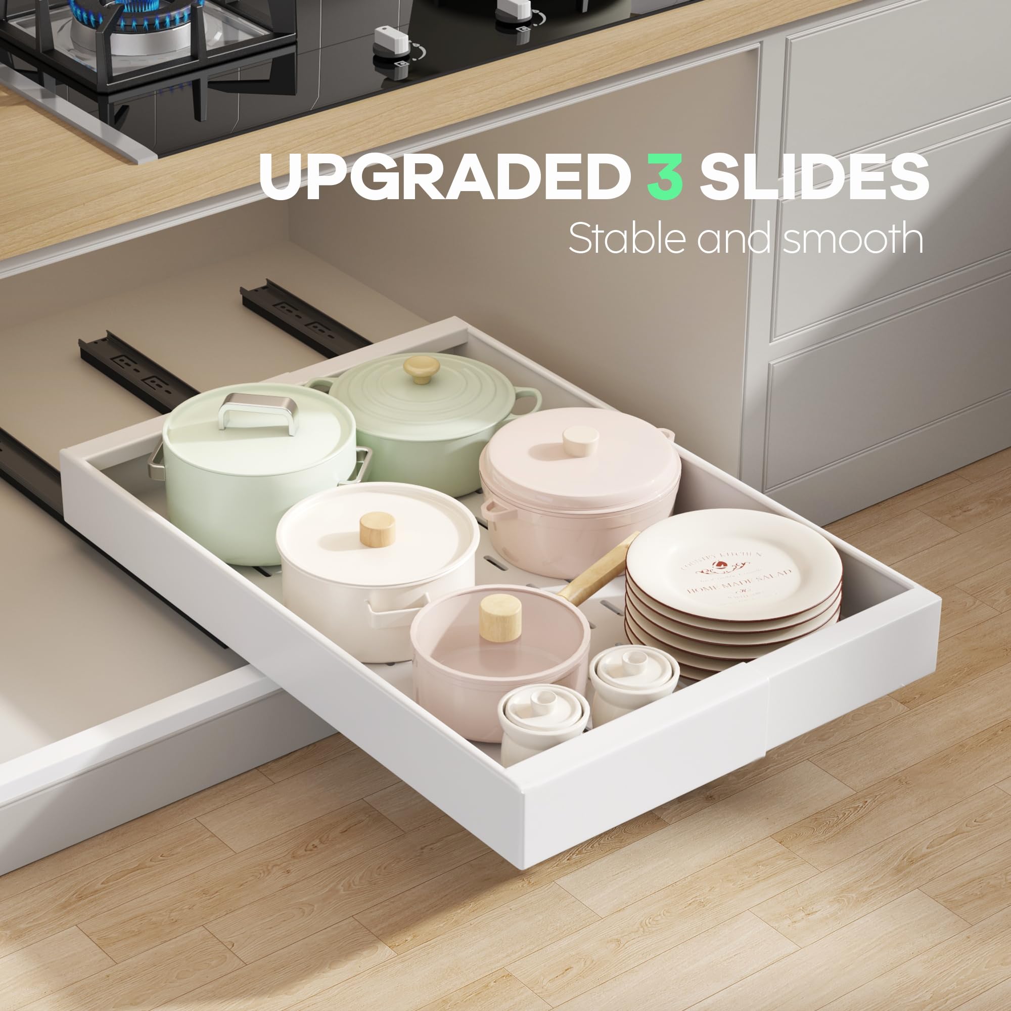 Seinloes 2 Pack Pull out Cabinet Organizer 21" Deep With Raising Pad for Framed Cabinets, Expandable Slide out Drawers for Kitchen Cabinets with 4pcs Divider Racks, Roll out Shelves 9"-14" W White