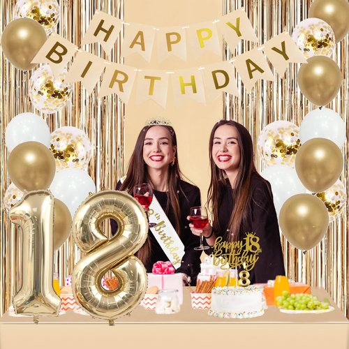 Trgowaul Happy 18th Birthday Decorations for Girls, Banner, Sash and Crown, Cake Topper, 18 Number Balloon, Fringe Curtains, Champagne Gold 18th Birthday Party Supplies