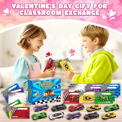 OCHIDO Valentines Day Cards for Kids with Die-Cast Racing Cars, 24 Packs Valentines Day Gifts for Kids Classroom Exchange, School Class Prizes, Valentines Party Favors for Boys and Girls
