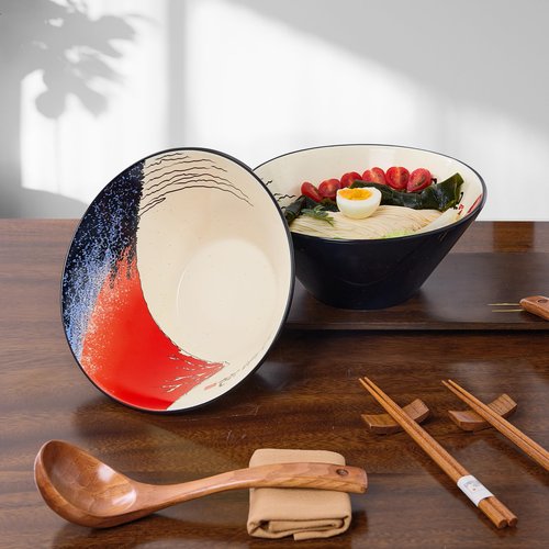 BICETTO Japanese Ramen Bowl Set with Red Fuji Design - 60oz Large Ceramic Bowls, Spoons, Chopsticks for Ramen, Pho, Salad, Poke - Premium Gift for Ramen Lovers - Microwave & Dishwasher Safe