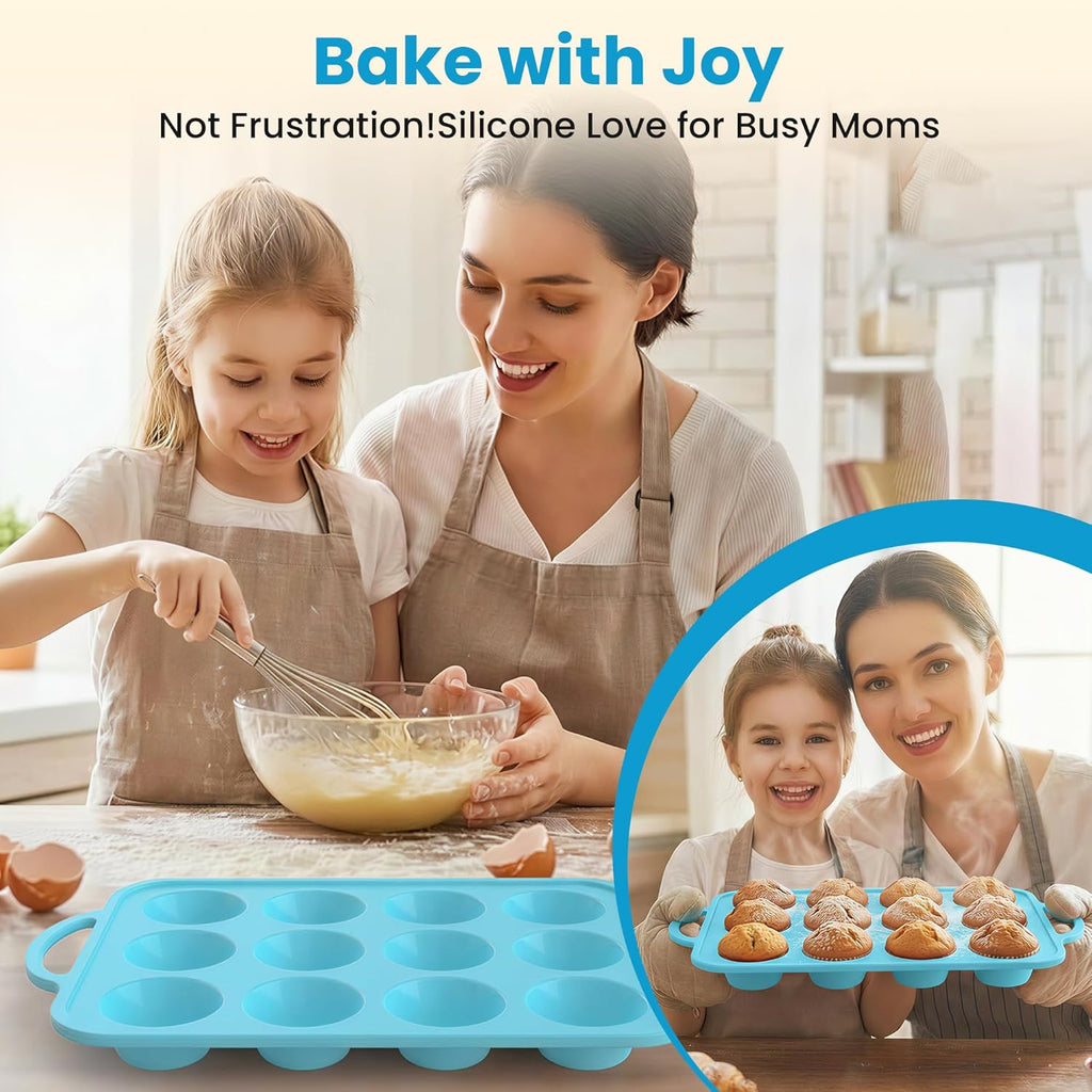 Skiennix Silicone Muffin Pan - 12-Cup Baking Tray with Metal Reinforced Frame, BPA Free - Blue