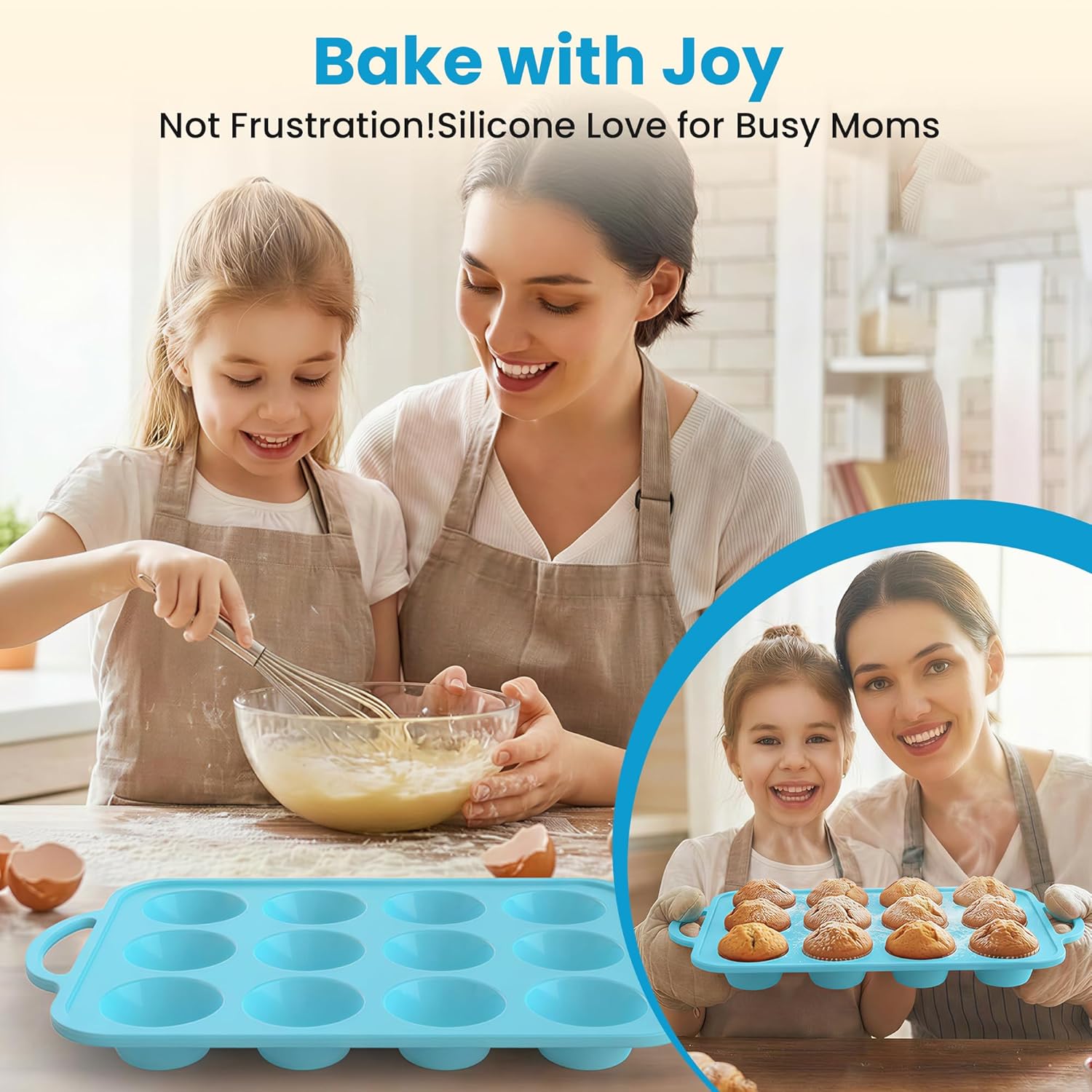 Skiennix Silicone Muffin Pan - 12-Cup Baking Tray with Metal Reinforced Frame, BPA Free - Blue