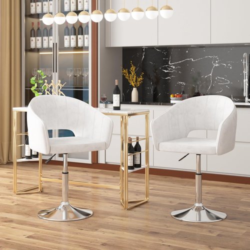 VECELO Velvet Accent Chair, Adjustable Luxury Vanity & Dining Chair with Gold Barstool Base, 360°Swivel Upholstered Armchair for Living Room, Bedroom, Home Office, Pearl White