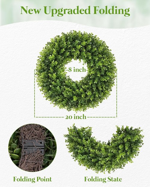 Boxwood Wreath - 20 Inch Artificial Greenery for Front Door | All Seasons Spring & Summer Decor