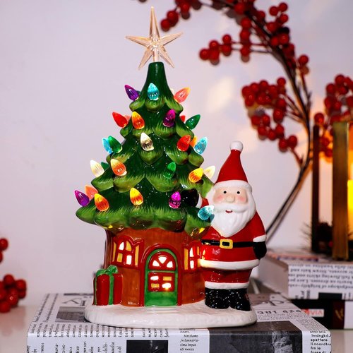 Juegoal Lighted Ceramic Christmas Tree - 11" Pre-Lit Tabletop Decorations with Santa & Multicolor Bulbs