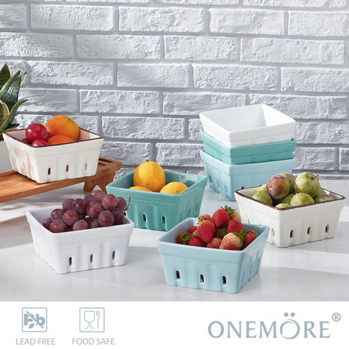 ONEMORE Berry Basket Ceramic Berry Bowls with Holes Square Fruit Bowl Berry Colander Containers for Fridge - 5.8" Fruit Basket for Kitchen Décor, Set of 2, White