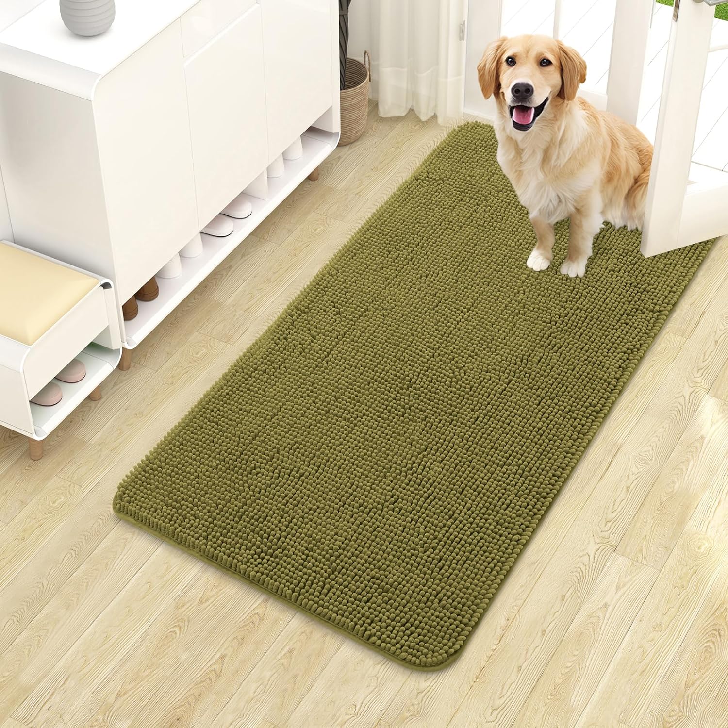 OLANLY Dog Door Mat - Absorbent Non-Slip Washable Doormat for Muddy Paws | 40x24 Inches, Willow Green