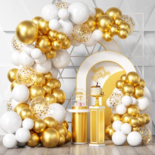 Bezente White Gold Balloon Arch Garland Kit - 100Pcs Metallic Chrome & Confetti Balloons for Weddings, Birthdays & Events