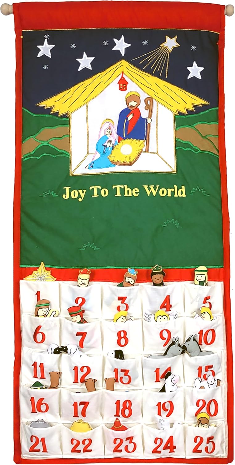 Pockets of Learning Joy To The World Traditional Nativity Advent Calendar - Holiday Décor, Fabric Wall Hanging, Christmas Countdown