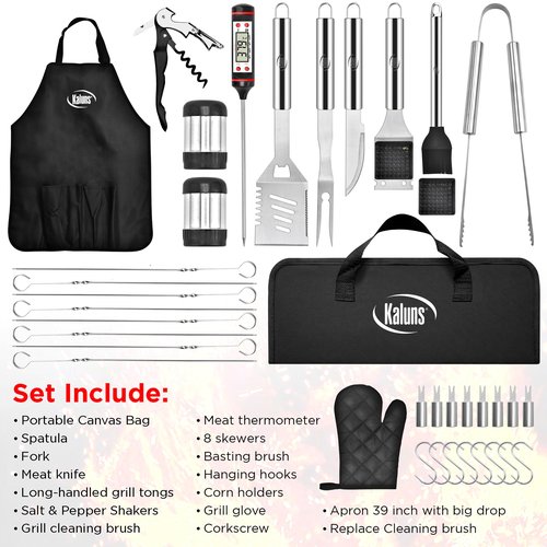 Kaluns Grilling Accessories, Mens Valentines Day Gifts for Him, Heavy Duty Stainless Steel Grill Set BBQ Grill Accessories for Outdoor Grill with Meat Thermometer, Case and Apron